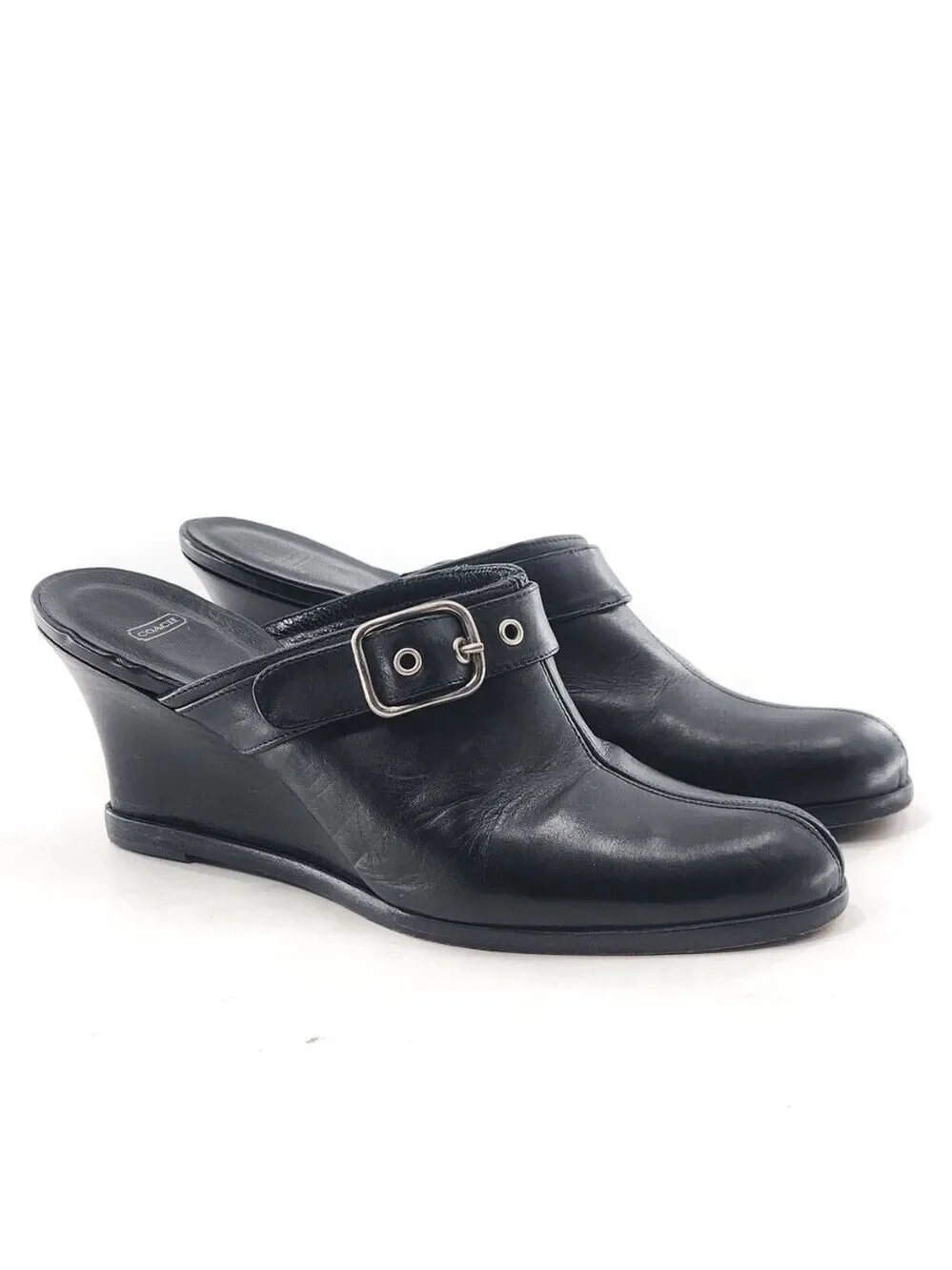 COACH Bethany Black Leather Buckle‎ Detail Wedge Heel Mules